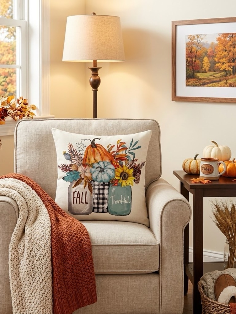 Fall Teal Pumpkin Sunflower Mason Jar Pillow Cover & Pillow Insert 16”x16”